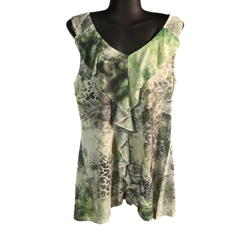 Large B.Al.E.U. green sleeveless ruffled crystal studded Bohemian tunic blouse